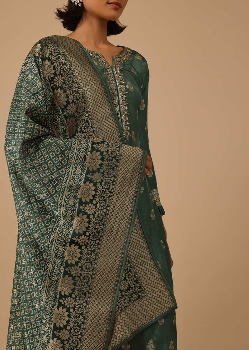 Deep Green Pant Suit Set In Silk With Brocade