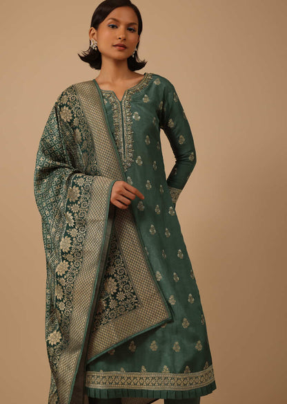 Deep Green Pant Suit Set In Silk With Brocade