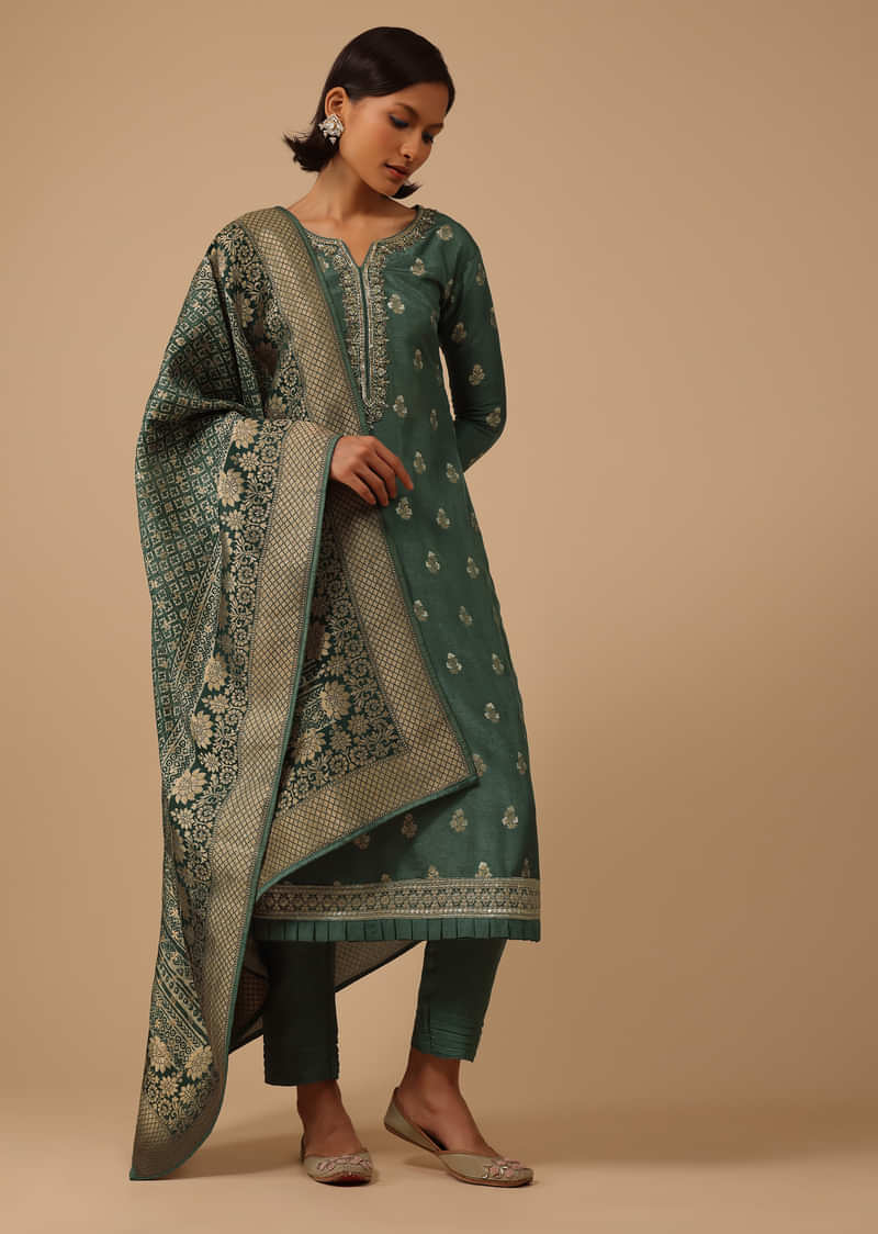 Deep Green Pant Suit Set In Silk With Brocade