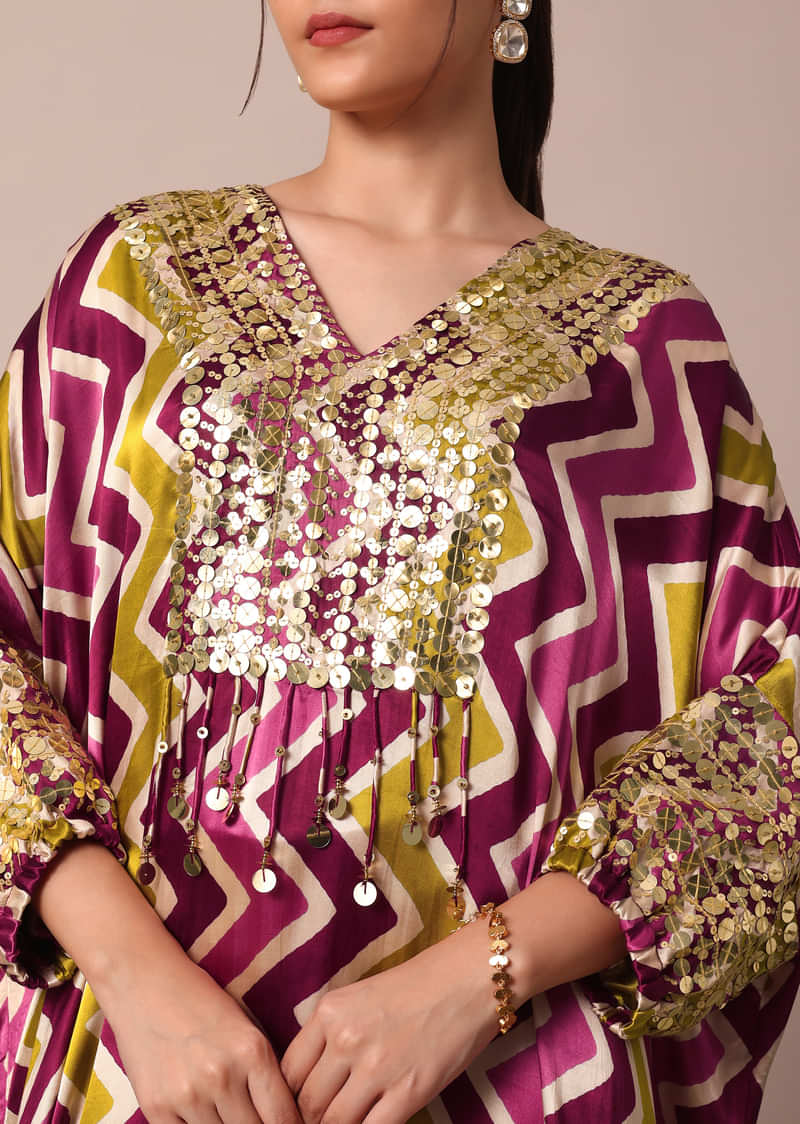 Elegant Wine And Yellow Chevron Printed Sequins Embroidered Boho Kaftan With Salwar Set