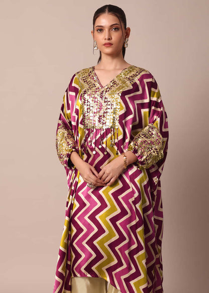 Elegant Wine And Yellow Chevron Printed Sequins Embroidered Boho Kaftan With Salwar Set