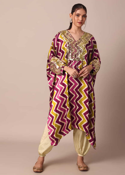 Elegant Wine And Yellow Chevron Printed Sequins Embroidered Boho Kaftan With Salwar Set