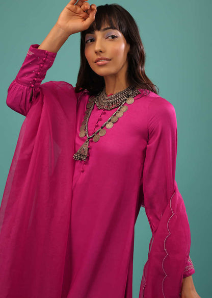 Fuchsia Pink Satin A Line Palazzo Suit With Multi-Colored Cut Dana Work On The Cuff