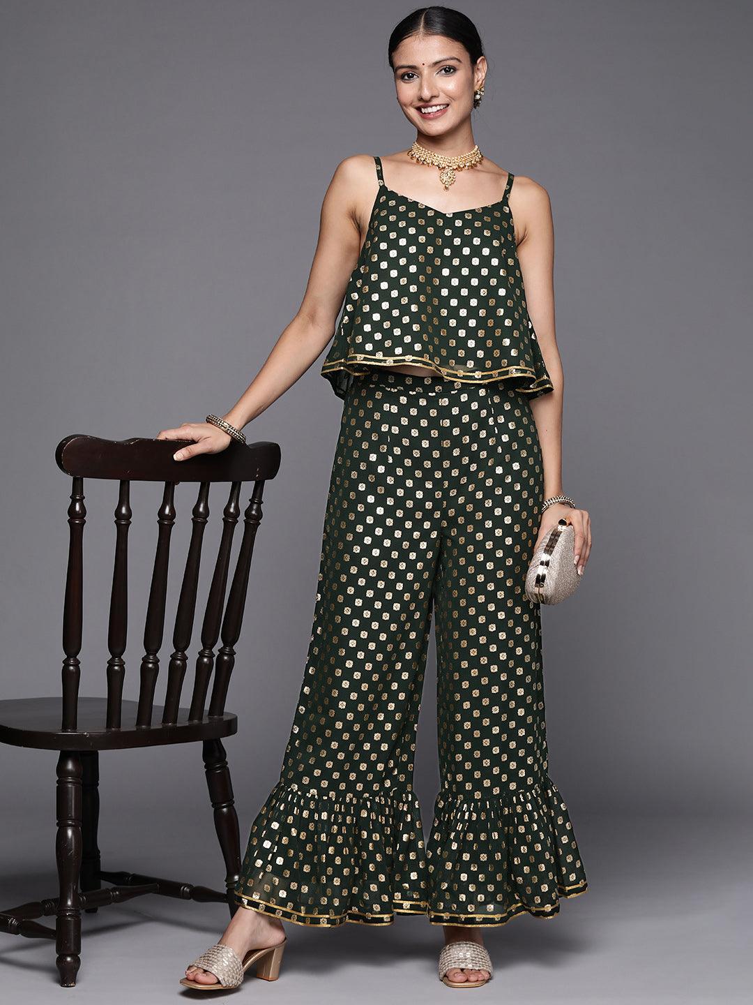 Green Printed Georgette Top With Palazzos