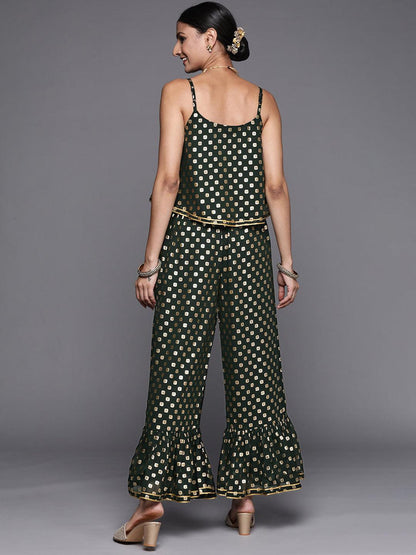 Green Printed Georgette Top With Palazzos