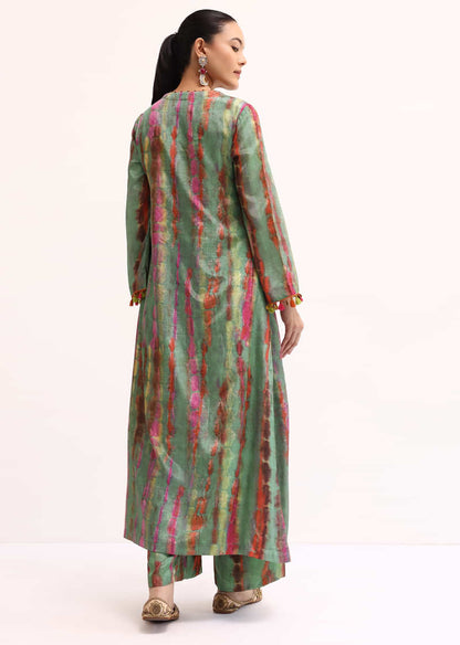 Green Embroidered Crepe Kurta And Pant