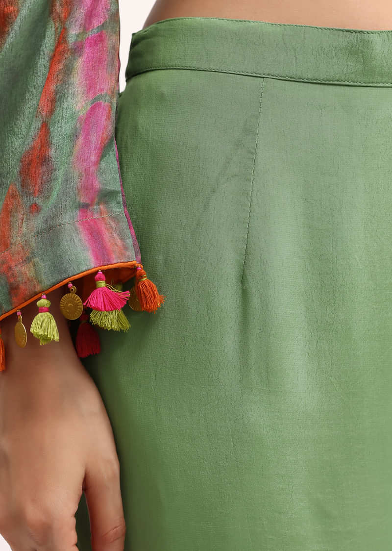 Green Embroidered Crepe Kurta And Pant