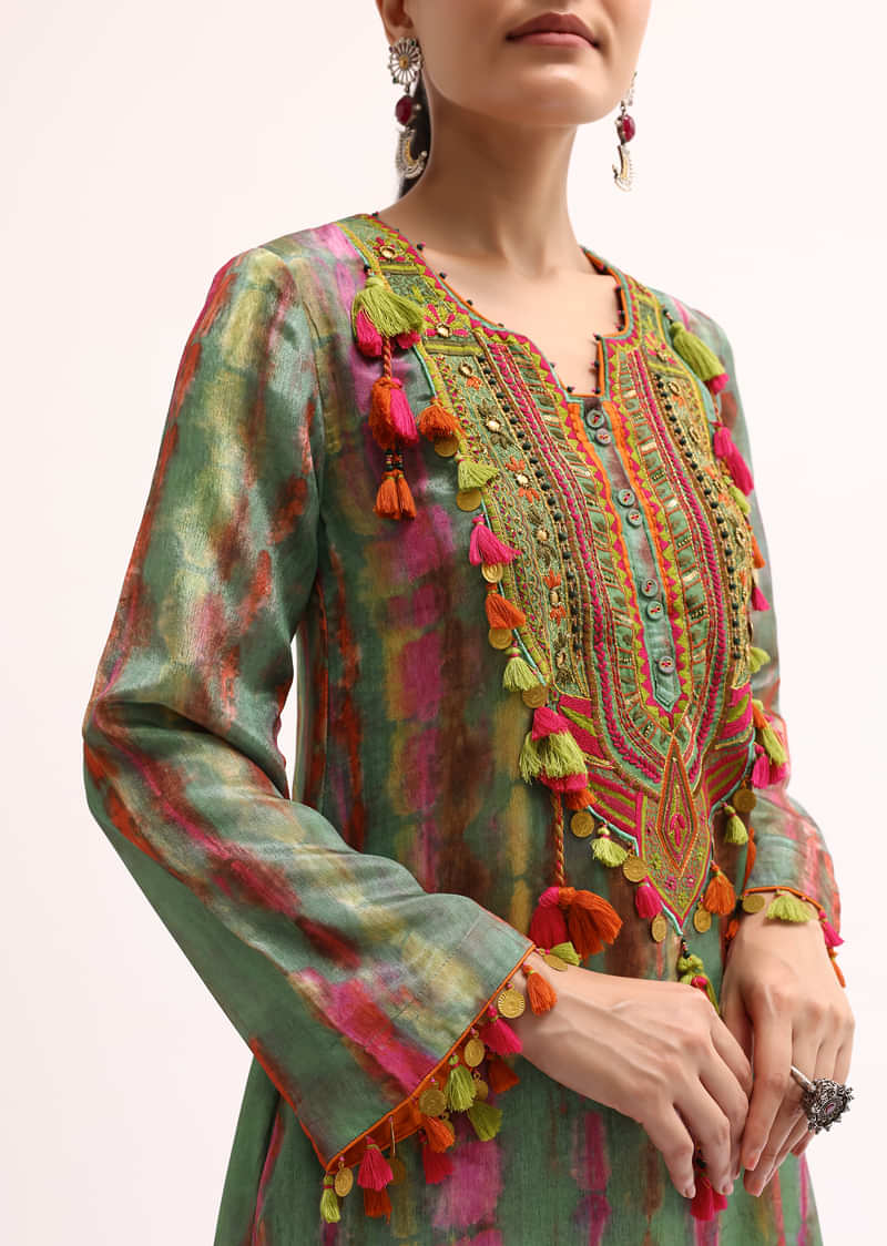 Green Embroidered Crepe Kurta And Pant