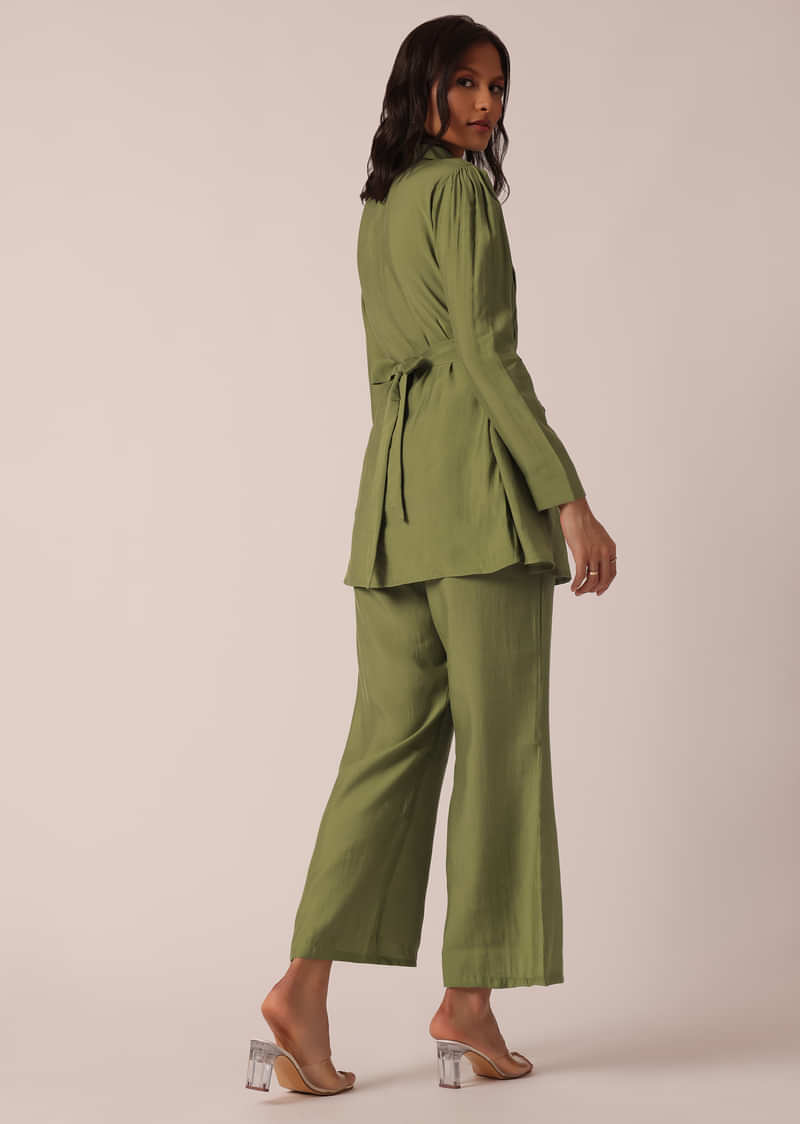 Green Pleated co ord set In Chanderi With Belt