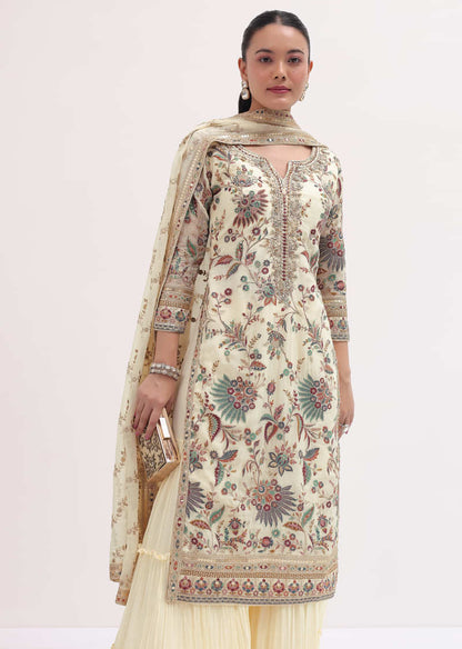 Ivory Embroidered Kurta Sharara Set