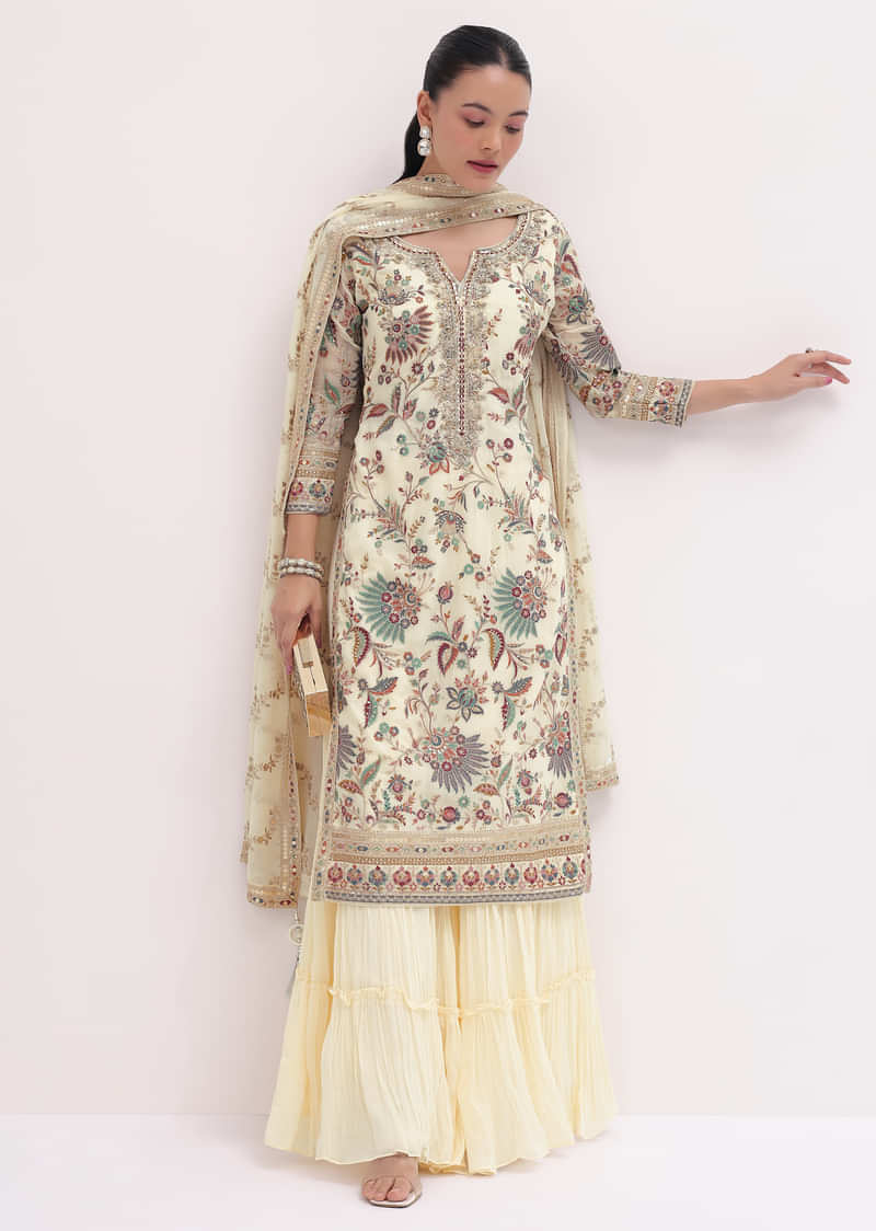 Ivory Embroidered Kurta Sharara Set