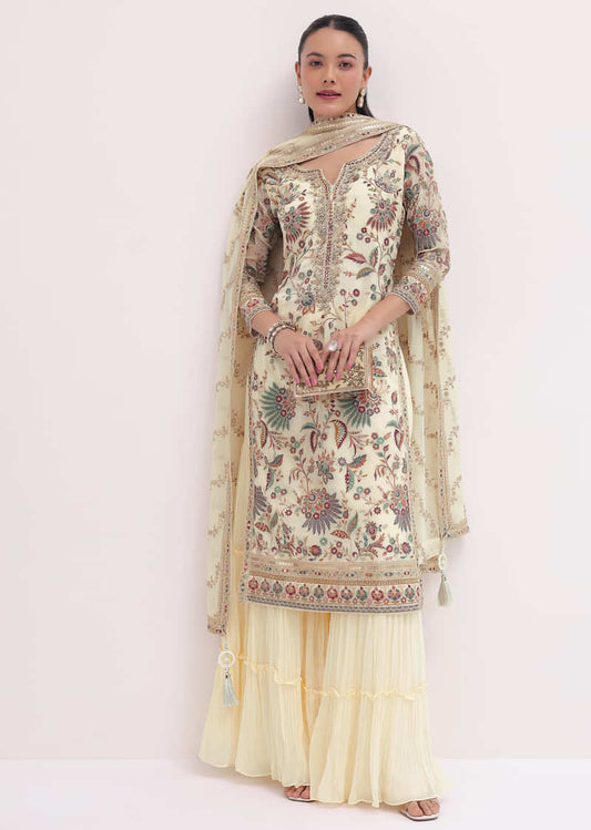 Ivory Embroidered Kurta Sharara Set