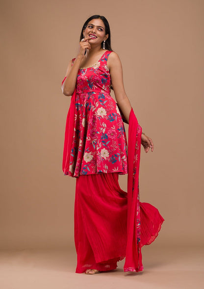 Red Printed Semi Crepe Readymade Sharara Suit