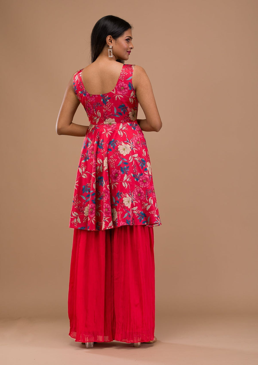 Red Printed Semi Crepe Readymade Sharara Suit