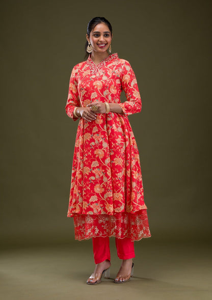 Red Printed Semi Crepe Readymade Salwar Suit