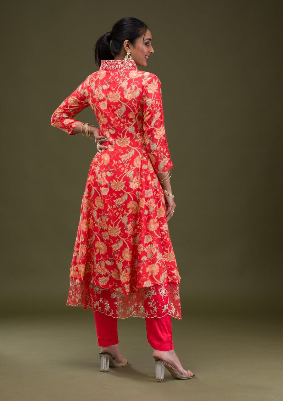 Red Printed Semi Crepe Readymade Salwar Suit