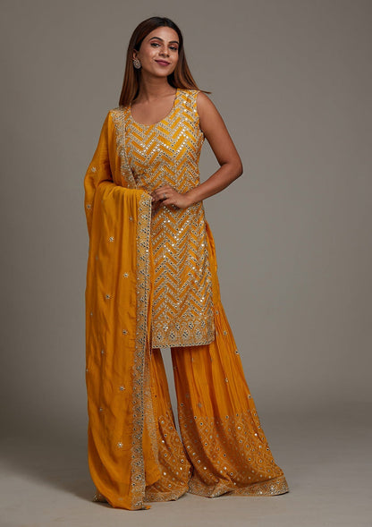 Yellow Gotapatti Semi Crepe Sharara Suit