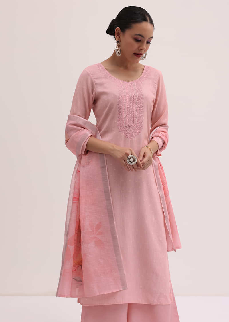 Light Pink Linen Kurta Palazzo Set