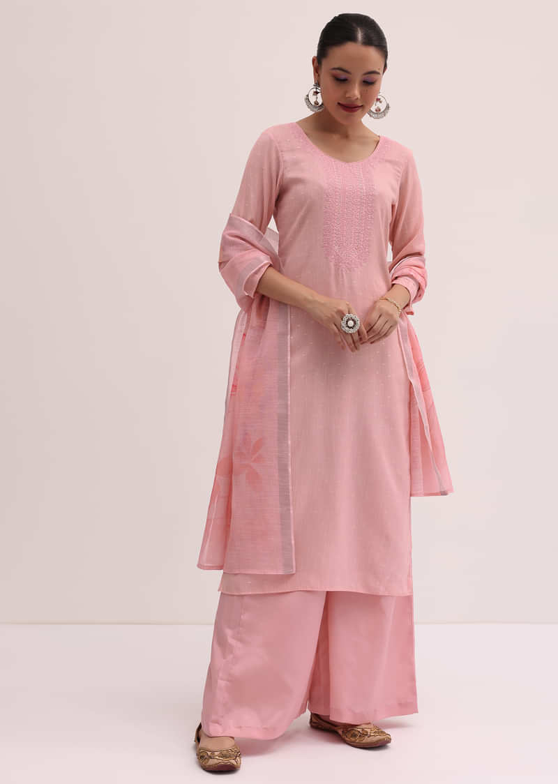 Light Pink Linen Kurta Palazzo Set