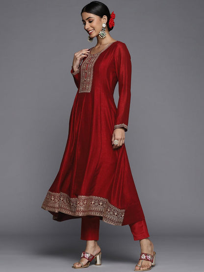 Maroon Yoke Design Silk Blend Anarkali Suit With Dupatta