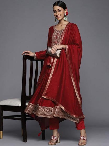 Maroon Yoke Design Silk Blend Anarkali Suit With Dupatta