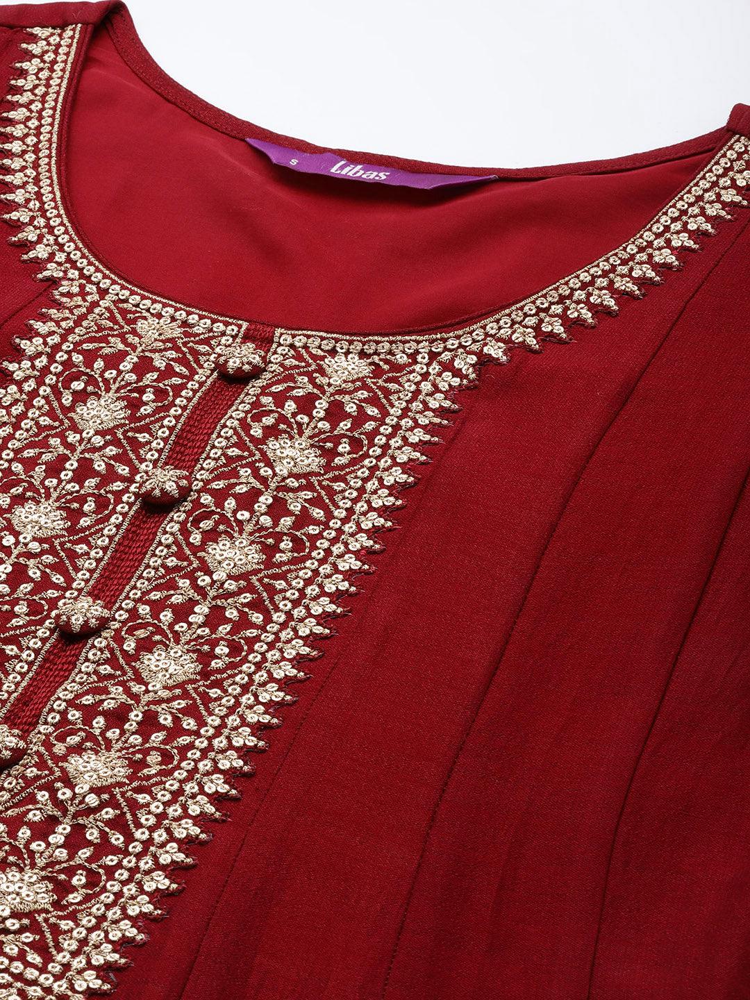 Maroon Yoke Design Silk Blend Anarkali Suit With Dupatta