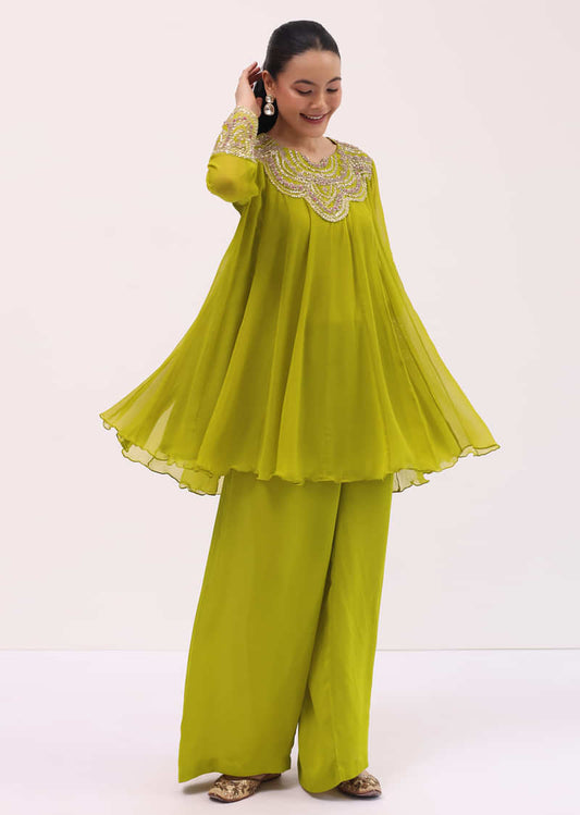 Mehendi Green Embroidered Chiffon Kurta Palazzo