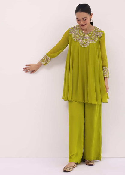 Mehendi Green Embroidered Chiffon Kurta Palazzo