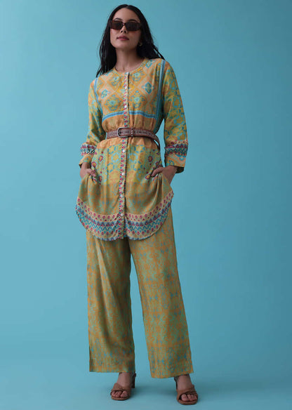 Mustard Yellow Printed Co-ord Set In Tussar