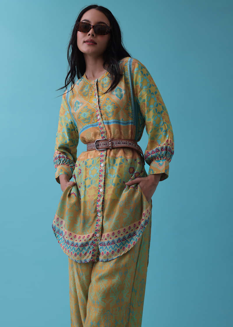 Mustard Yellow Printed Co-ord Set In Tussar