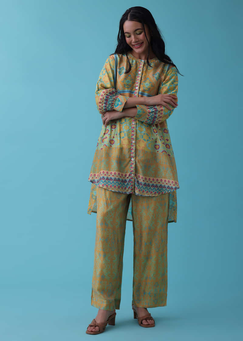 Mustard Yellow Printed Co-ord Set In Tussar