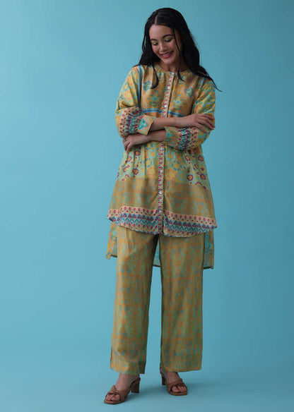 Mustard Yellow Printed Co-ord Set In Tussar