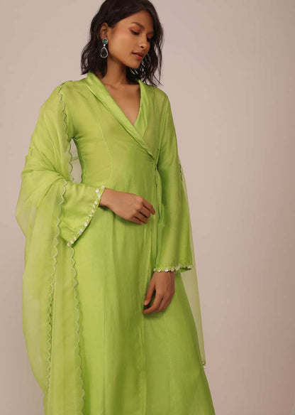 Parrot Green Suit Set In Art Silk With Tassels On The Sleeves And Dupatta