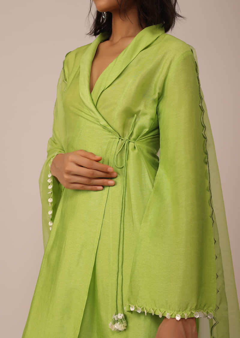 Parrot Green Suit Set In Art Silk With Tassels On The Sleeves And Dupatta