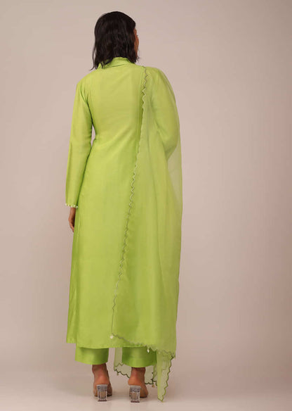 Parrot Green Suit Set In Art Silk With Tassels On The Sleeves And Dupatta