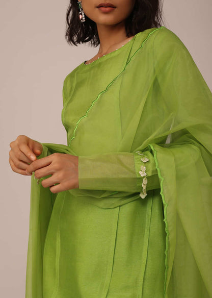 Parrot Green Suit Set In Art Silk With Tassels On The Sleeves