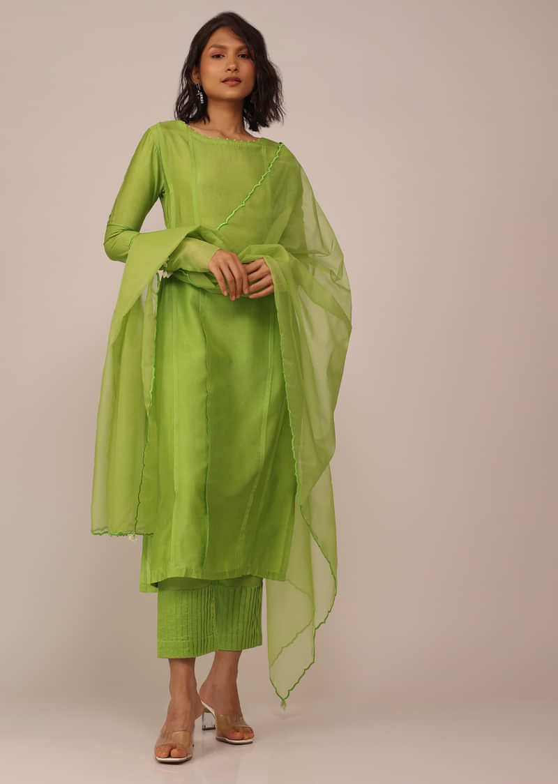 Parrot Green Suit Set In Art Silk With Tassels On The Sleeves