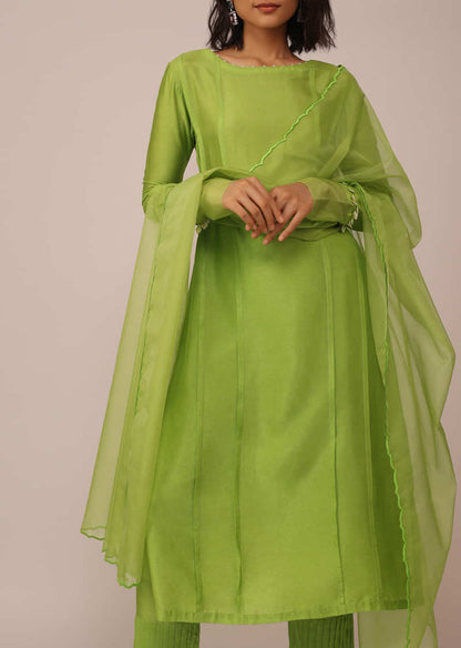 Parrot Green Suit Set In Art Silk With Tassels On The Sleeves