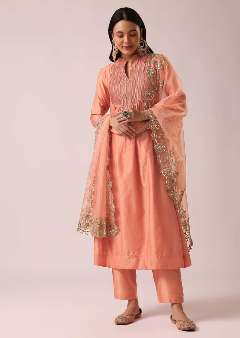 Peach Chanderi Anarkali And Pant Set