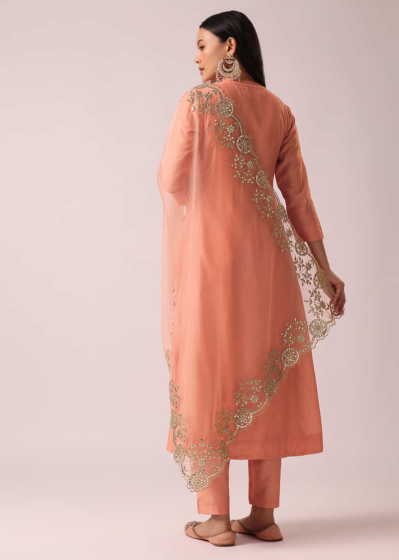 Peach Chanderi Anarkali And Pant Set