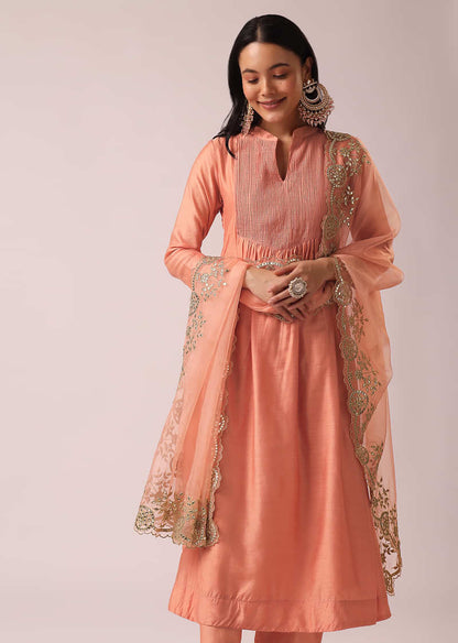 Peach Chanderi Anarkali And Pant Set