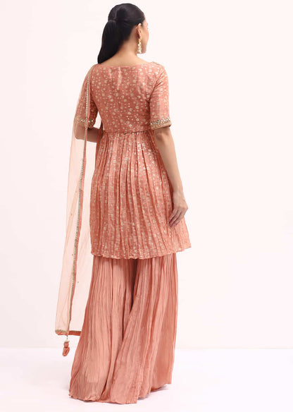 Peach Embroidered Kurta Sharara Set