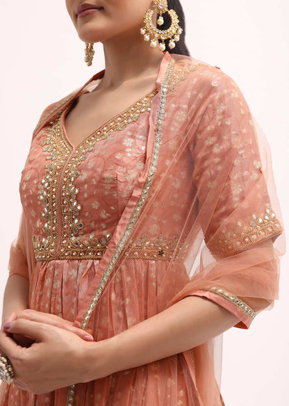 Peach Embroidered Kurta Sharara Set