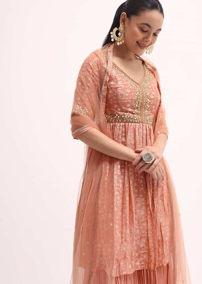 Peach Embroidered Kurta Sharara Set