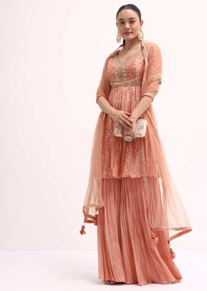 Peach Embroidered Kurta Sharara Set