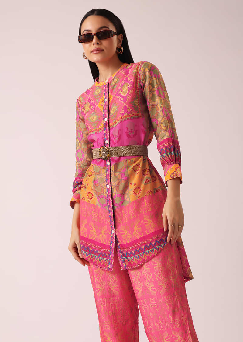 Peach Printed co ord set in Tussar Silk