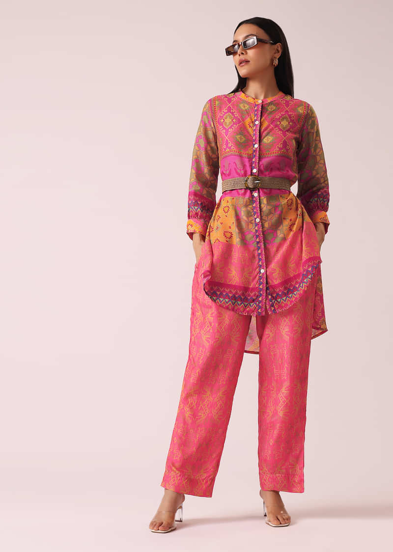 Peach Printed co ord set in Tussar Silk