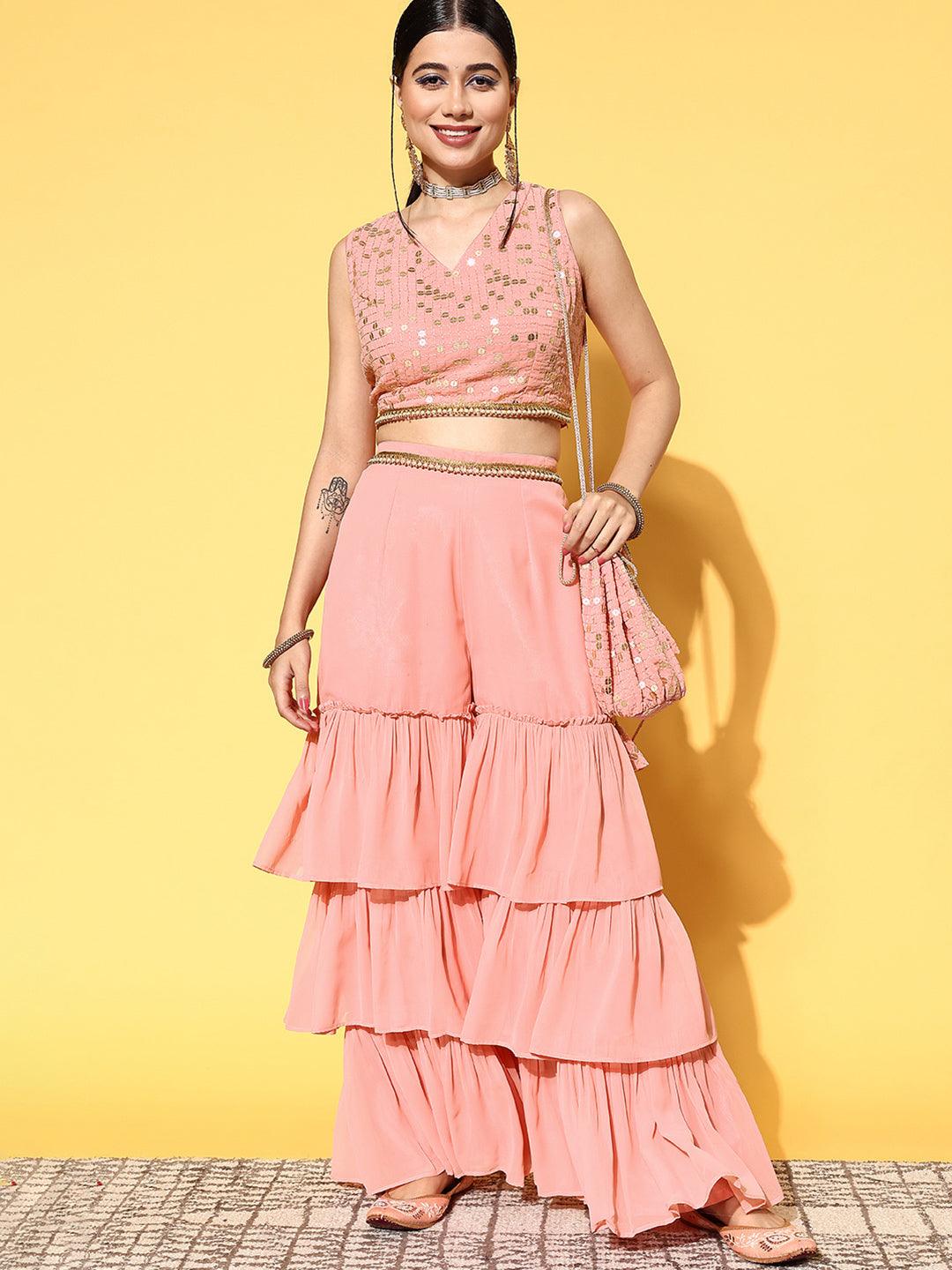 Pink Embellished Georgette Top With Sharara