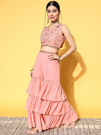 Pink Embellished Georgette Top With Sharara