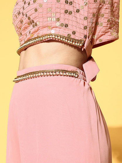 Pink Embellished Georgette Top With Sharara